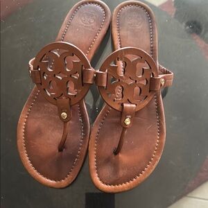 Brown Leather Sandals with Logo Accent